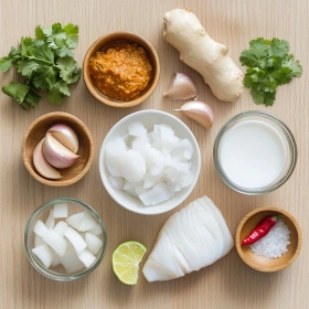 Step-by-step preparation of Spicy Coconut Curry Cod showing ingredients and initial cooking steps