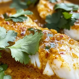 Close-up of Spicy Coconut Curry Cod showing texture, layers, and glossy finish