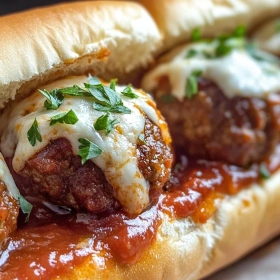 Close-up of Gooey Italian Meatball Sub Delight showing texture, layers, and glossy finish