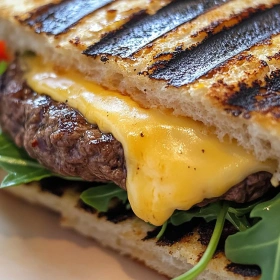 Close-up of Grilled Cheddar Beef Panini showing texture, layers, and glossy finish