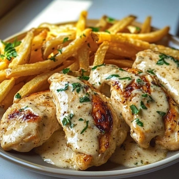 Perfectly cooked Creamy Garlic Chicken with Fries served and ready to eat - final result
