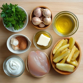 Step-by-step preparation of Creamy Garlic Chicken with Fries showing ingredients and initial cooking steps