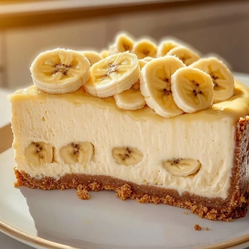 Perfectly cooked Decadent Banana Cream Cheesecake served and ready to eat - final result