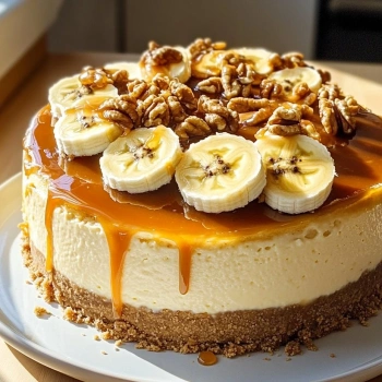 Perfectly cooked Decadent Banana Caramel Cheesecake served and ready to eat - final result
