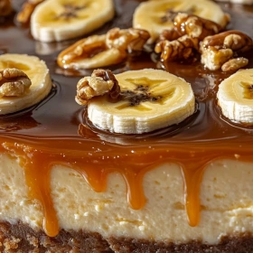 Close-up of Decadent Banana Caramel Cheesecake showing texture, layers, and glossy finish