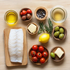Step-by-step preparation of Mediterranean Herb-Crusted Fish Delight showing ingredients and initial cooking steps