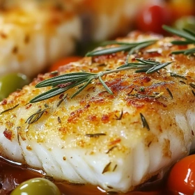 Close-up of Mediterranean Herb-Crusted Fish Delight showing texture, layers, and glossy finish