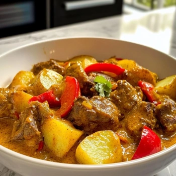 Perfectly cooked Spicy Caribbean Curry Goat Delight served and ready to eat - final result