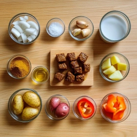 Step-by-step preparation of Spicy Caribbean Curry Goat Delight showing ingredients and initial cooking steps