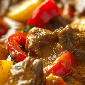 Close-up of Spicy Caribbean Curry Goat Delight showing texture, layers, and glossy finish