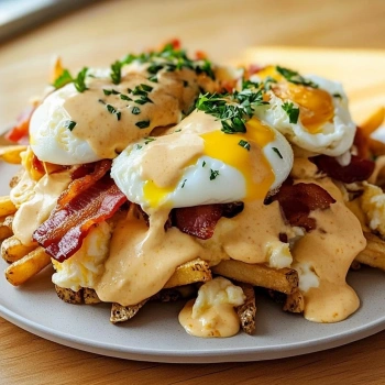 Perfectly cooked Decadent Breakfast Poutine Delight served and ready to eat - final result