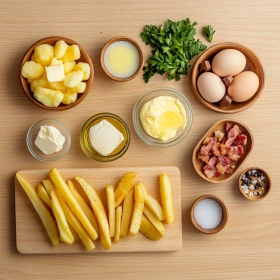 Step-by-step preparation of Decadent Breakfast Poutine Delight showing ingredients and initial cooking steps