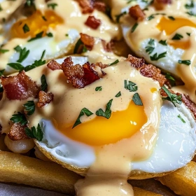 Close-up of Decadent Breakfast Poutine Delight showing texture, layers, and glossy finish
