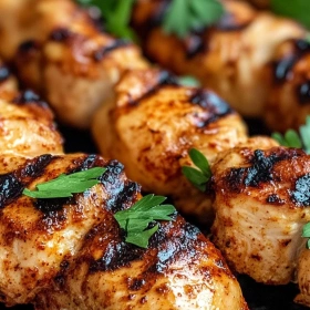 Close-up of Spicy Grilled Chicken Skewers showing texture, layers, and glossy finish