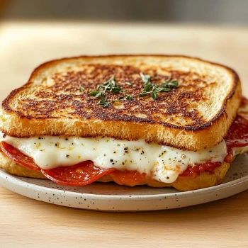 Perfectly cooked Gooey Pizza Grilled Cheese served and ready to eat - final result