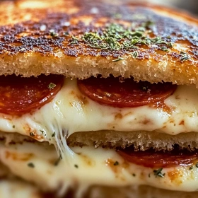 Close-up of Gooey Pizza Grilled Cheese showing texture, layers, and glossy finish