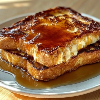Perfectly cooked Decadent Crème Brûlée French Toast served and ready to eat - final result