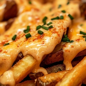 Close-up of Spicy Louisiana Voodoo Fries showing texture, layers, and glossy finish