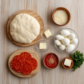 Step-by-step preparation of Cheesy Pepperoni Pizza Bombs showing ingredients and initial cooking steps