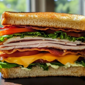 Close-up of Ultimate Crispy Loaded Club Sandwich showing texture, layers, and glossy finish