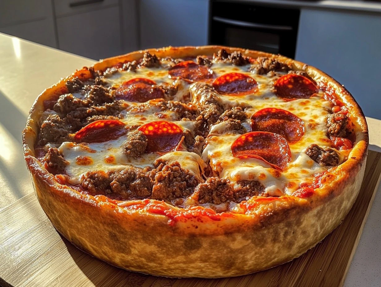 Perfectly cooked Savory Deep-Dish Meat Pizza served and ready to eat - final result