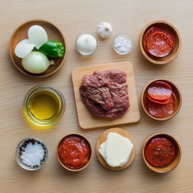 Step-by-step preparation of Savory Deep-Dish Meat Pizza showing ingredients and initial cooking steps