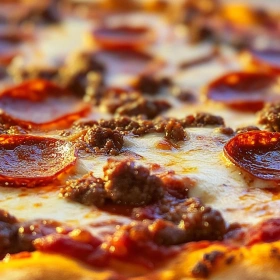 Close-up of Savory Deep-Dish Meat Pizza showing texture, layers, and glossy finish