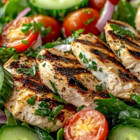 Close-up of Grilled Herb Chicken Salad Delight showing texture, layers, and glossy finish