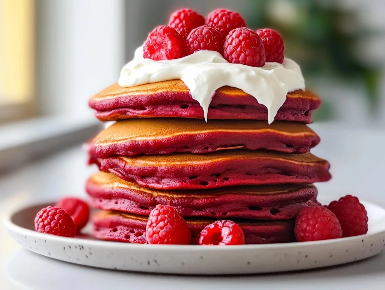 Perfectly cooked Fluffy Red Velvet Pancakes served and ready to eat - final result