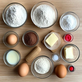 Step-by-step preparation of Fluffy Red Velvet Pancakes showing ingredients and initial cooking steps