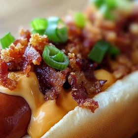 Close-up of Loaded Bacon Cheese Hot Dog showing texture, layers, and glossy finish