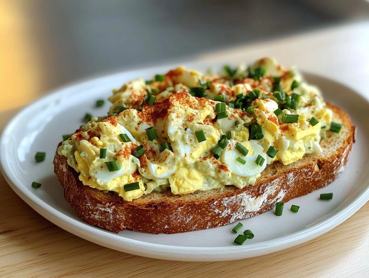 Perfectly cooked Spiced Egg Salad Tartine served and ready to eat - final result