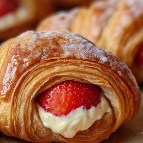 Close-up of Strawberry Mascarpone Croissants showing texture, layers, and glossy finish