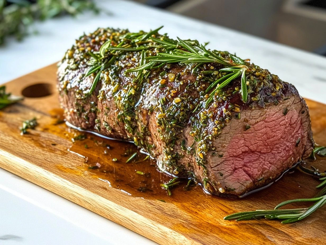 Perfectly cooked Herb-Crusted Beef Tenderloin with Rosemary Jus served and ready to eat - final result