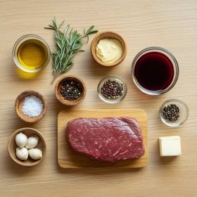 Step-by-step preparation of Herb-Crusted Beef Tenderloin with Rosemary Jus showing ingredients and initial cooking steps