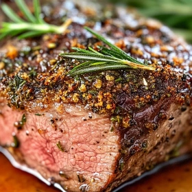 Close-up of Herb-Crusted Beef Tenderloin with Rosemary Jus showing texture, layers, and glossy finish