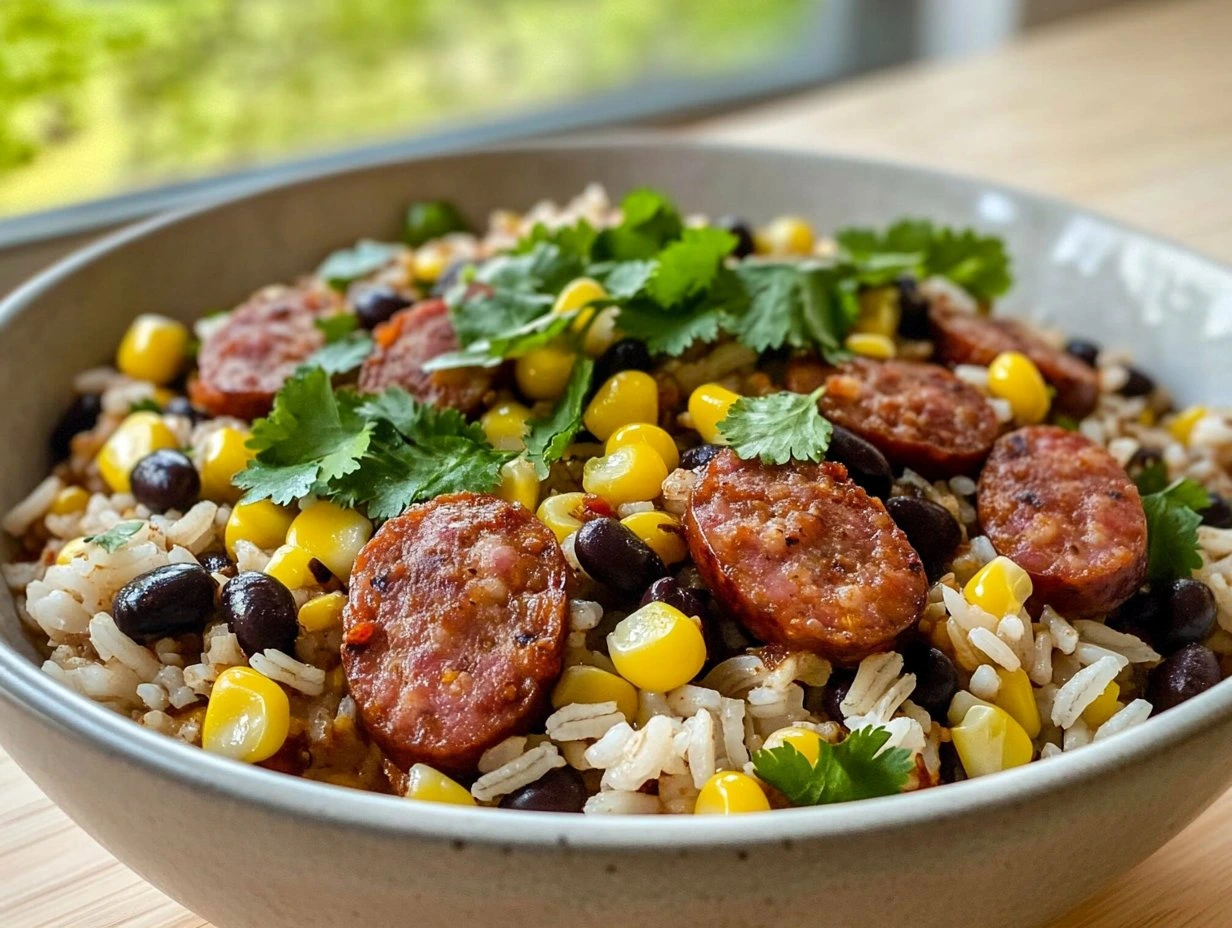 Perfectly cooked Spicy Sausage and Black Bean Rice served and ready to eat - final result