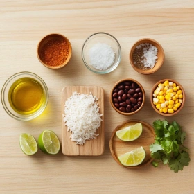 Step-by-step preparation of Spicy Sausage and Black Bean Rice showing ingredients and initial cooking steps