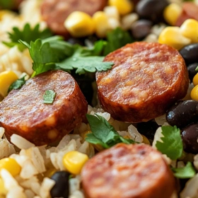 Close-up of Spicy Sausage and Black Bean Rice showing texture, layers, and glossy finish
