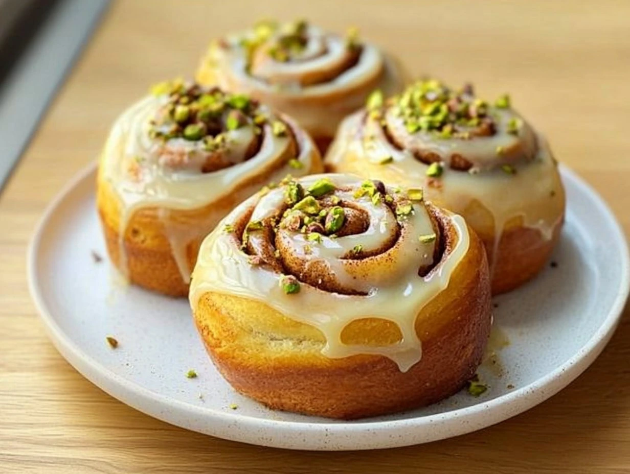 Perfectly cooked Pistachio Cinnamon Rolls Delight served and ready to eat - final result