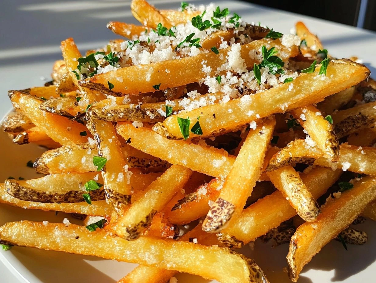 Perfectly cooked Crispy Parmesan Truffle Fries served and ready to eat - final result