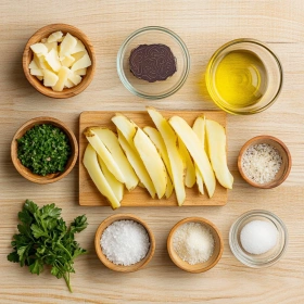 Step-by-step preparation of Crispy Parmesan Truffle Fries showing ingredients and initial cooking steps