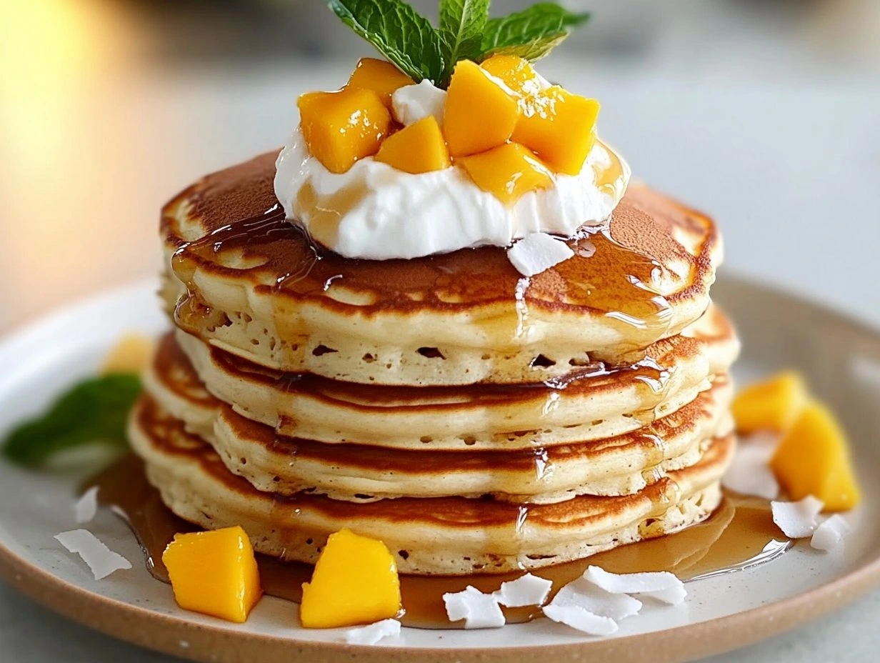 Perfectly cooked Tropical Coconut Cream Pancakes served and ready to eat - final result