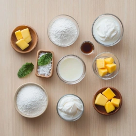 Step-by-step preparation of Tropical Coconut Cream Pancakes showing ingredients and initial cooking steps