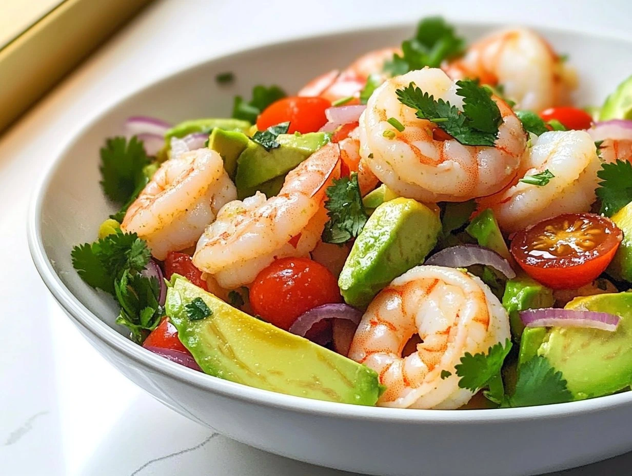 Perfectly cooked Zesty Shrimp and Avocado Salad served and ready to eat - final result