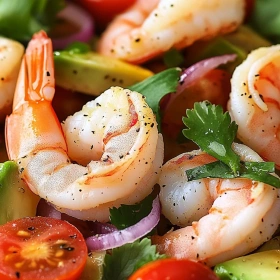 Close-up of Zesty Shrimp and Avocado Salad showing texture, layers, and glossy finish