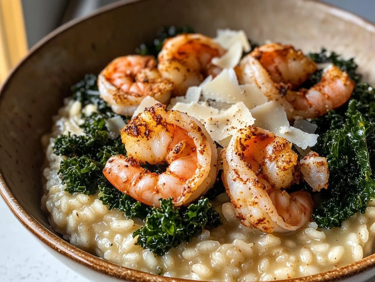 Perfectly cooked Spicy Shrimp and Kale Risotto served and ready to eat - final result