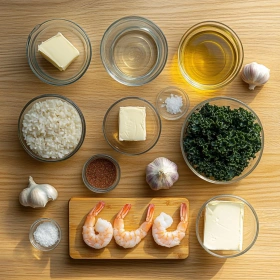 Step-by-step preparation of Spicy Shrimp and Kale Risotto showing ingredients and initial cooking steps
