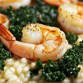 Close-up of Spicy Shrimp and Kale Risotto showing texture, layers, and glossy finish