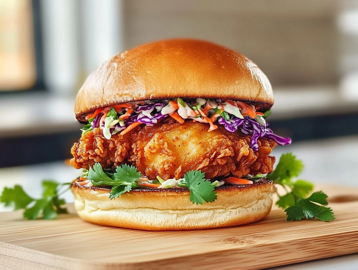 Perfectly cooked Crispy Thai Fried Chicken Sandwich served and ready to eat - final result